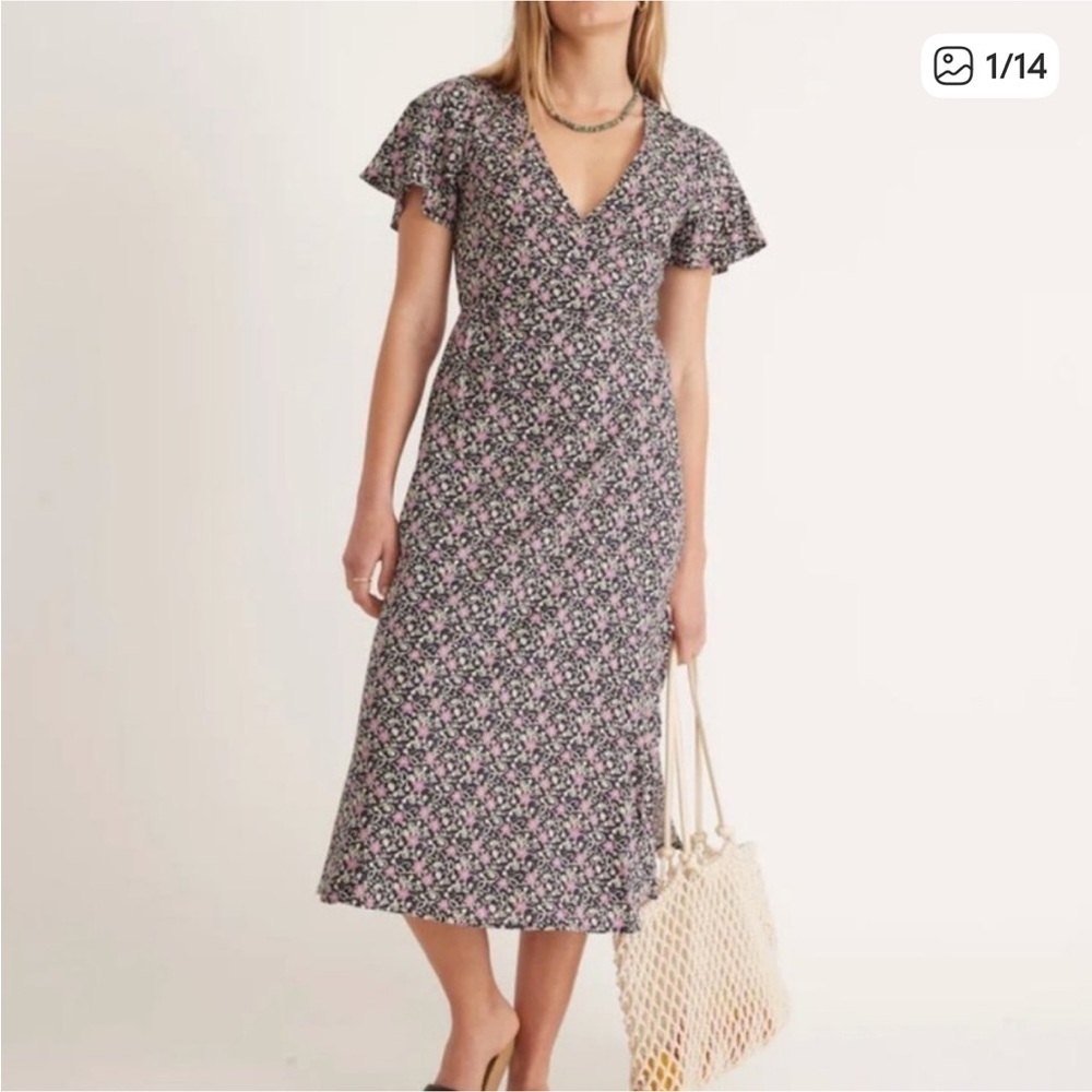 Marine Layer hemp emylyn Black Floral wrap Midi Dress pockets - Picture 3 of 15